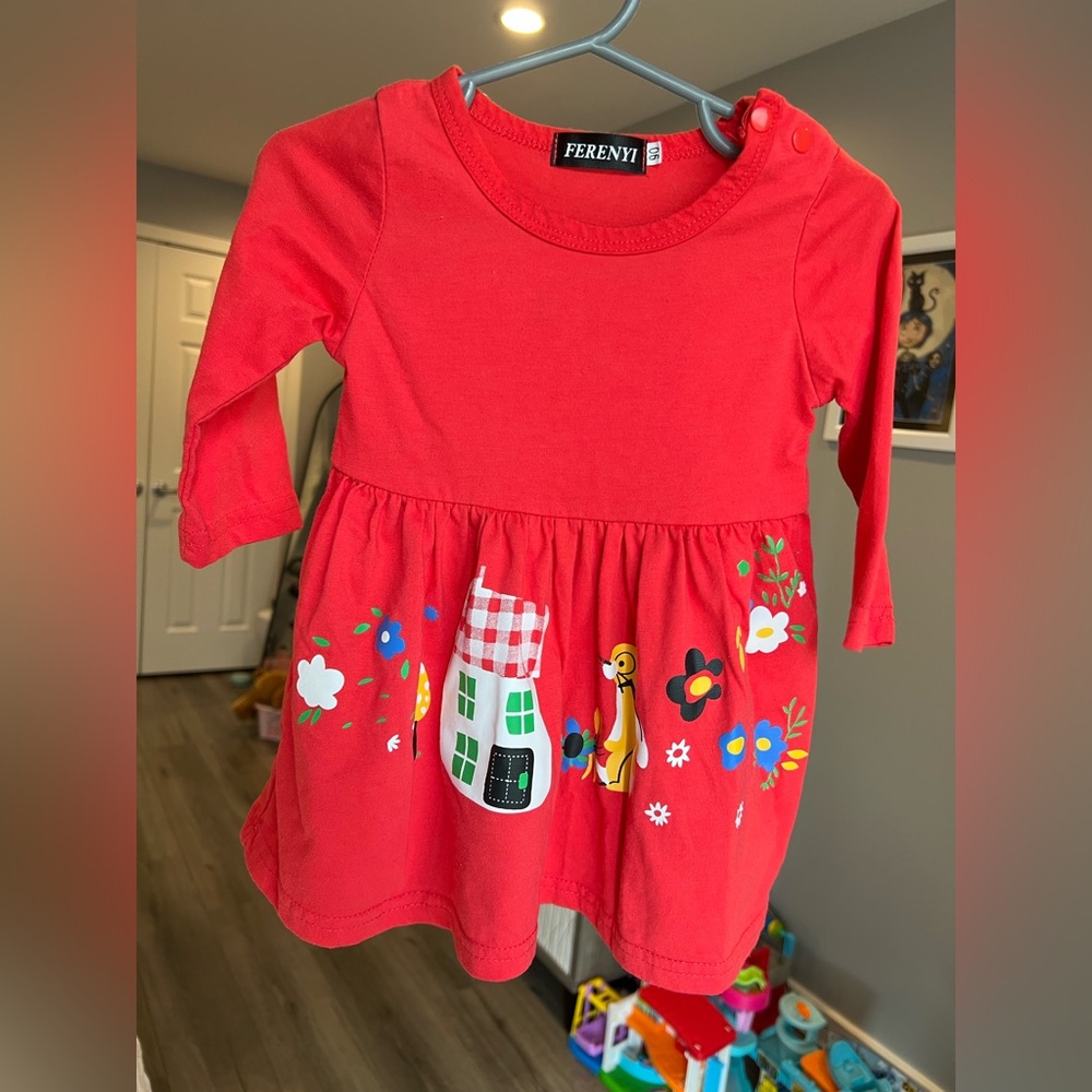Toddler Girls Red Long Sleeve Bunny Dress Size 12-18M GUC